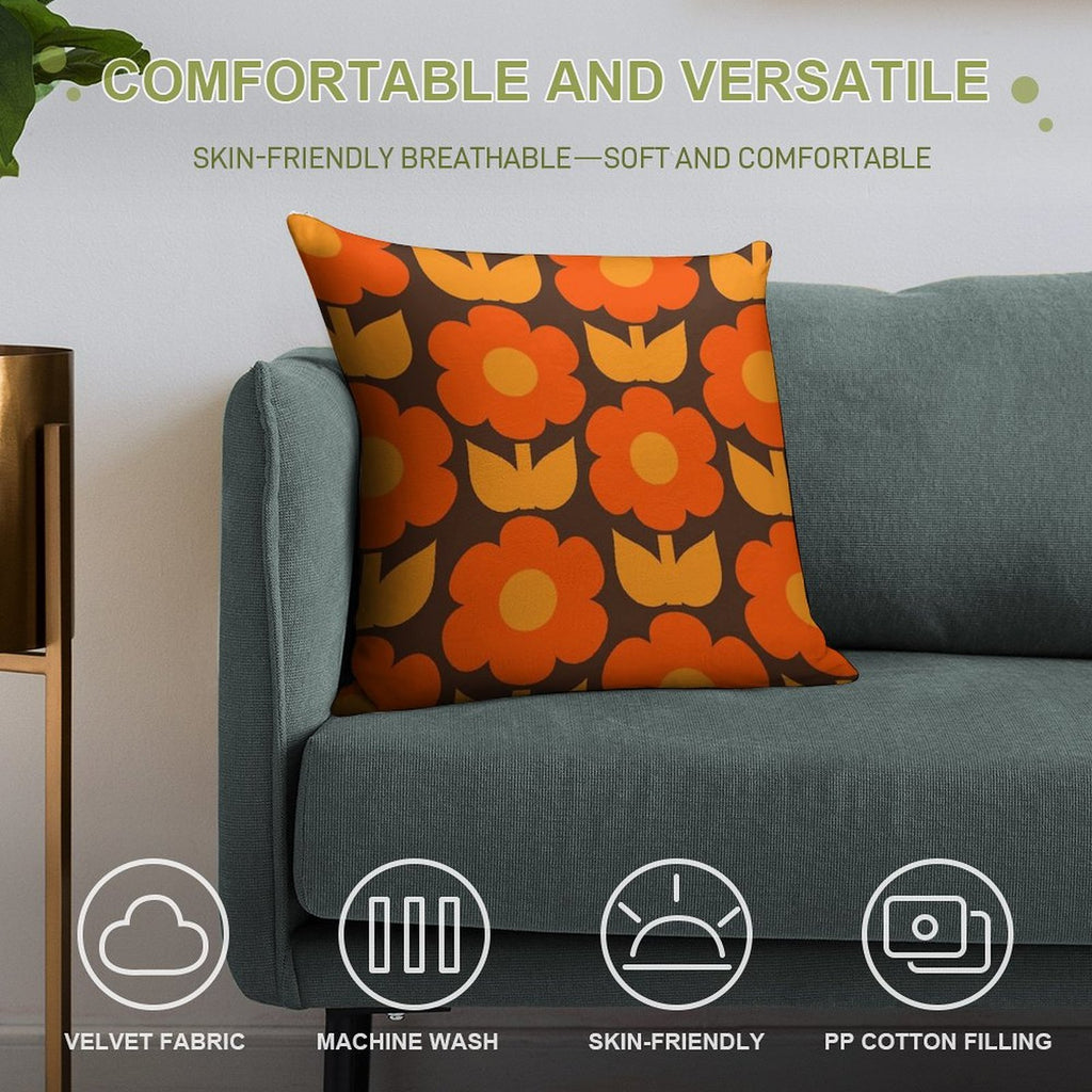 Jonnty Flowers Retro Floral Pattern in 70s Brown And Orange Soft Home Decor Throw Pillow