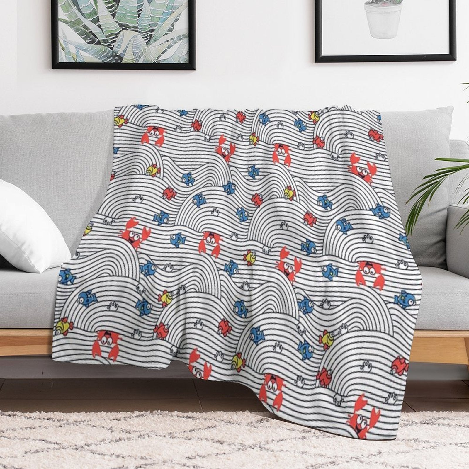 Grafic Waves from Stripes with Fish And Crabs. Sea Seamless Pattern. Premium Throw Blanket