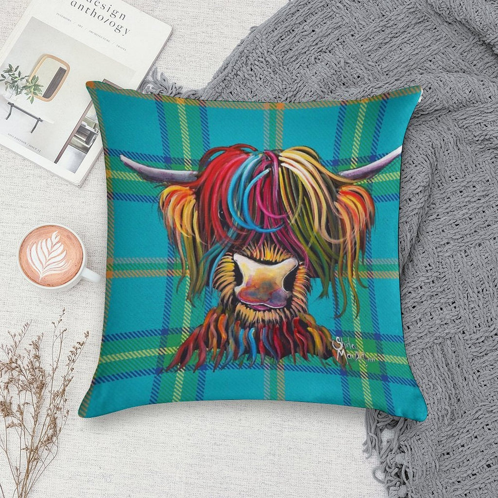 SCoTTiSH HiGHLaND CoW ' TaRTaN NeLLY B ' by SHiRLeY MacARTHuR Soft Fade-Resistant Throw Pillow