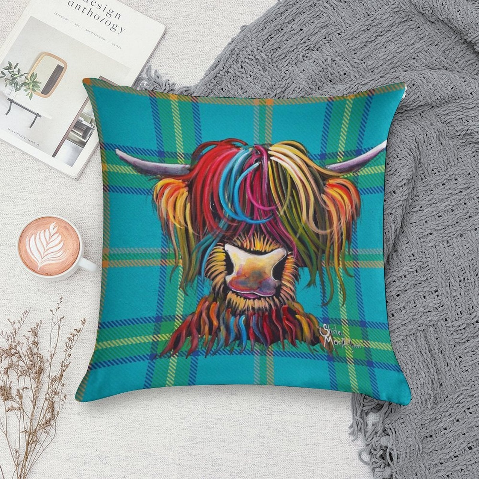 SCoTTiSH HiGHLaND CoW ' TaRTaN NeLLY B ' by SHiRLeY MacARTHuR Soft Fade-Resistant Throw Pillow