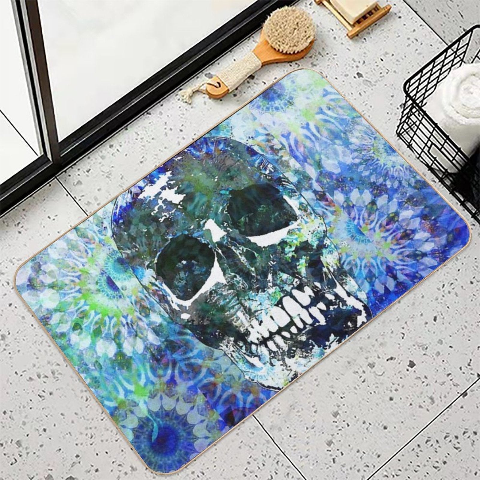 Blue Mandala Candy Skull Art  High-Traffic Bath Mat