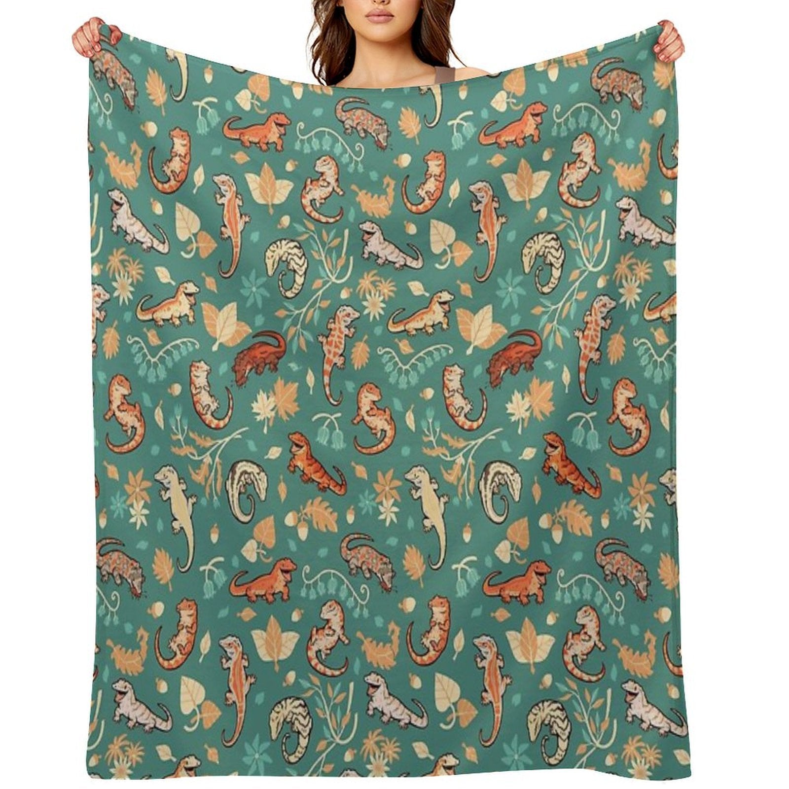 Autumn Geckos in Green Shrink-resistant Throw Blanket