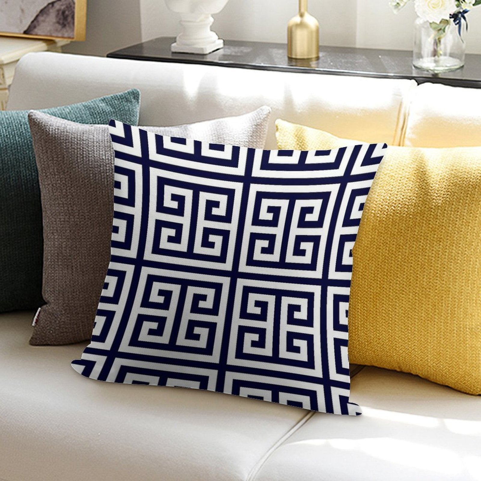 Greek Key Navy Blue And White Pattern Soft Multiple Sizes Throw Pillow