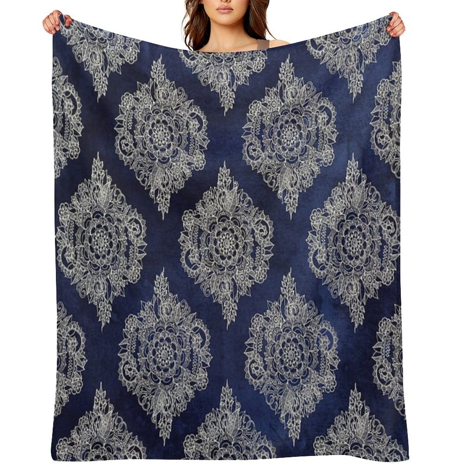 Cream Floral Moroccan Pattern on Deep Indigo Ink Eco-conscious Throw Blanket