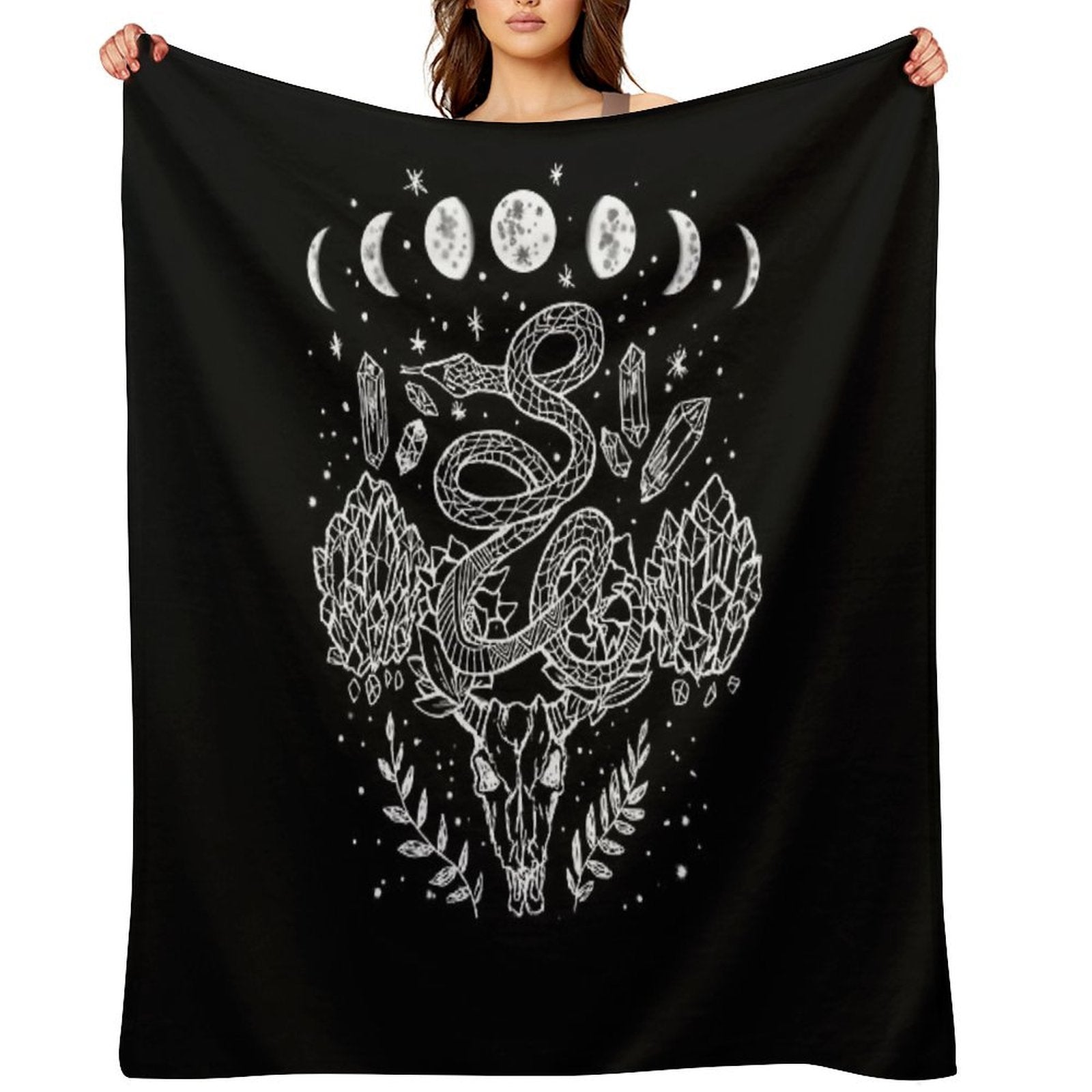 Moon Phases, Snakes, And Crystals Witchy Design Lightweight Throw Blanket
