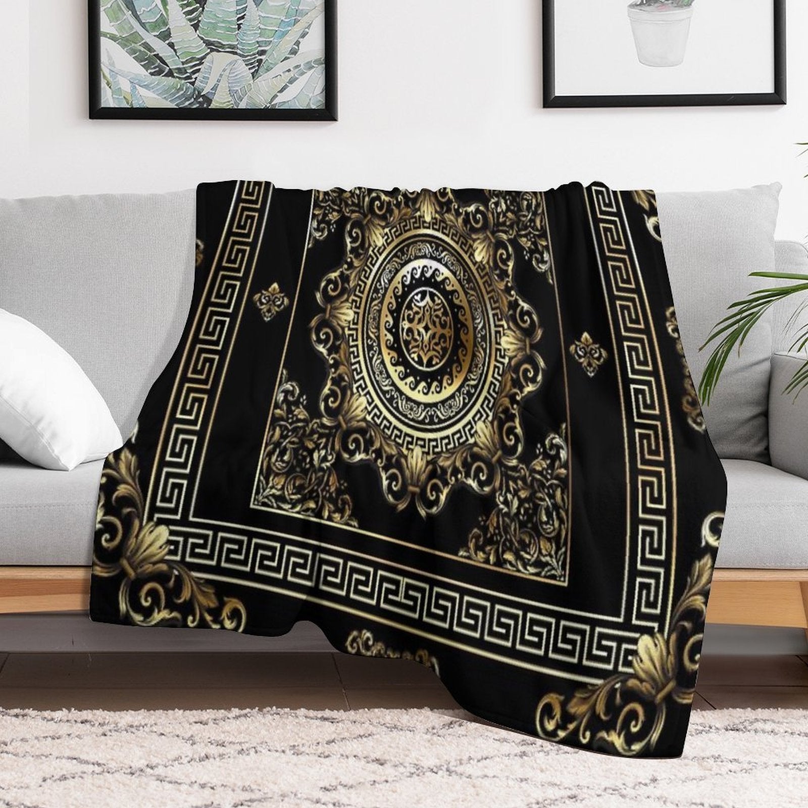 Ornate Baroque Black And Gold Greek Key Border Quick-dry Throw Blanket